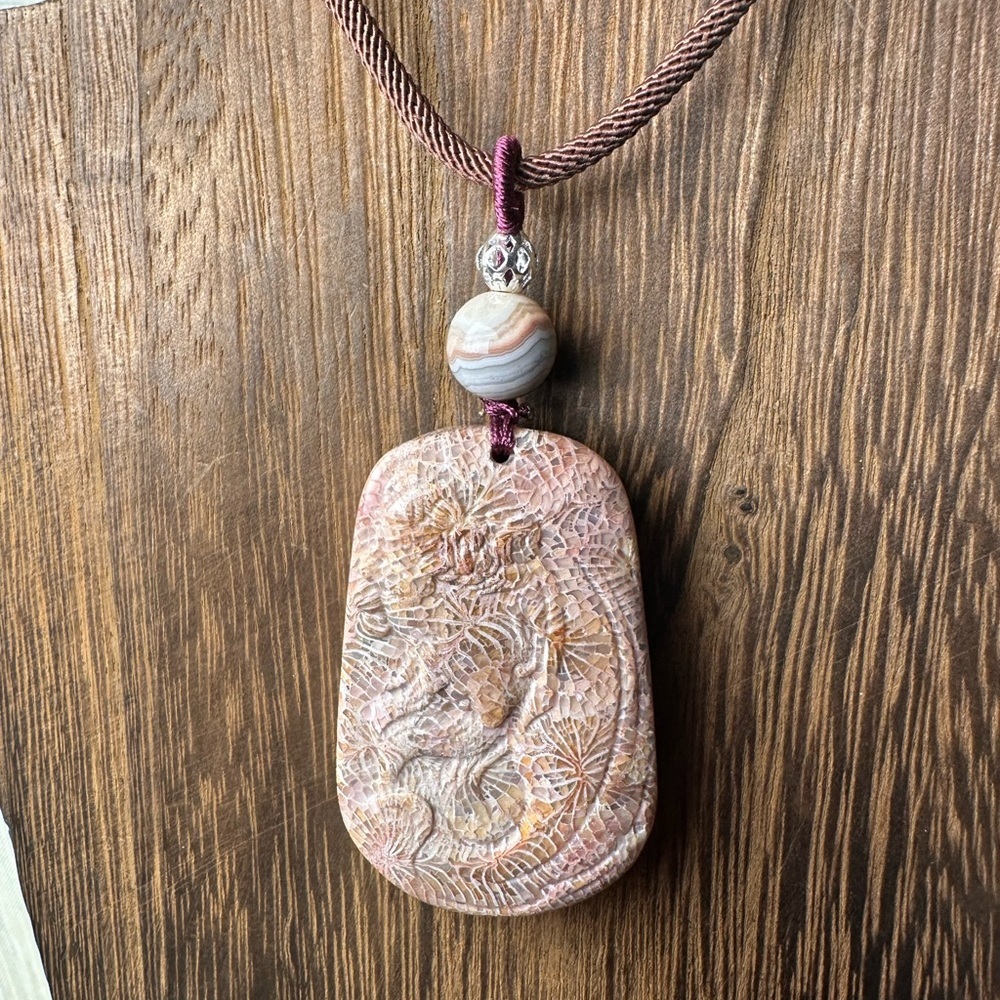 Handcrafted Coral Fossil Lady Pendant Necklace, Botswana Agate on Brown Rope - Picture 1 of 13